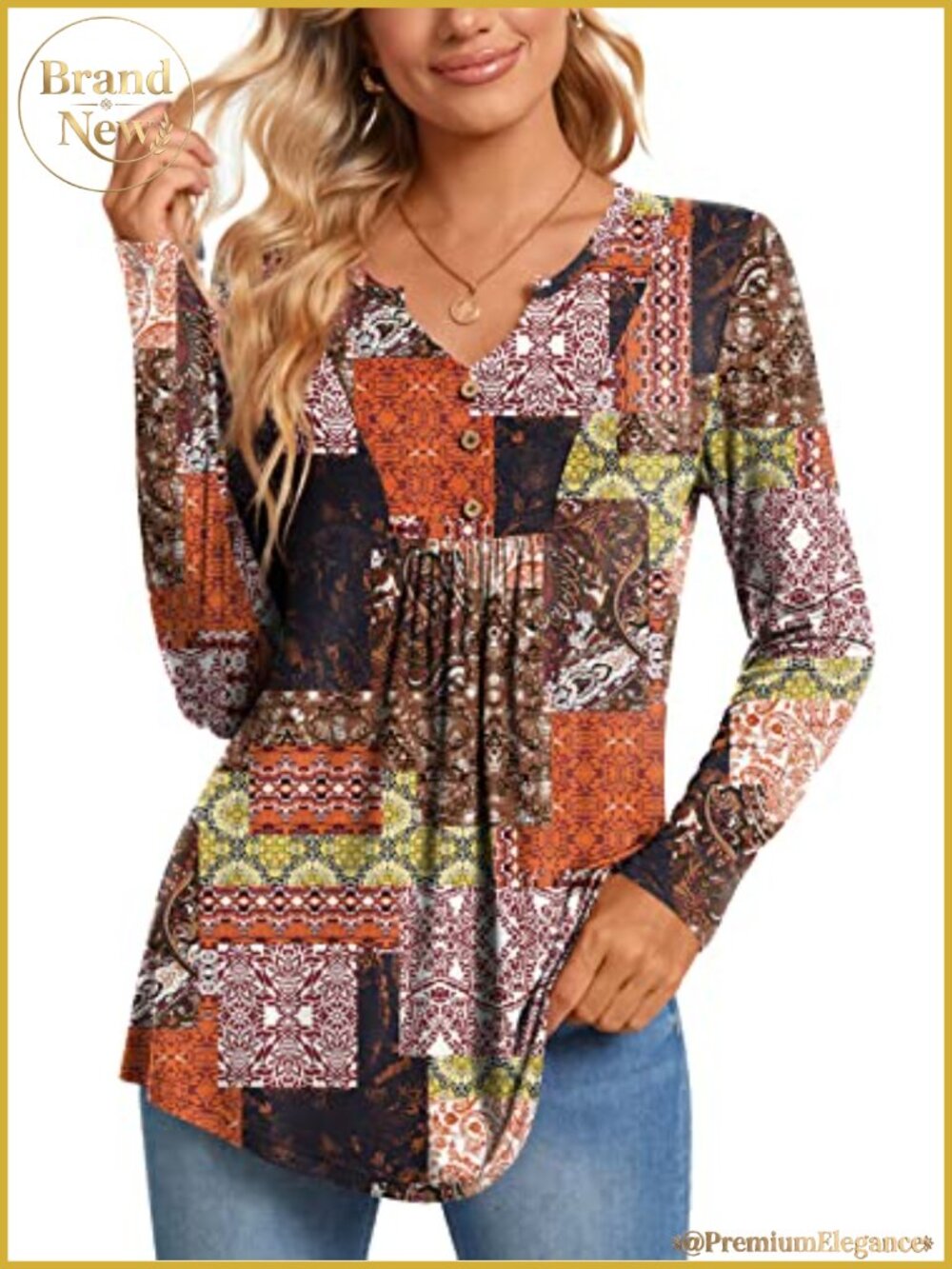Women's Rayon Spandex Henley Tunic Top Flared 3/4 Sleeve Dressy Casual Blouse